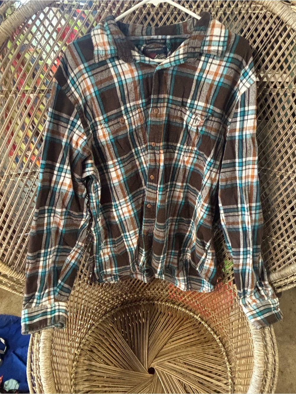 Old Navy Vintage Brown Teal Orange Plaid Flannel Shirt